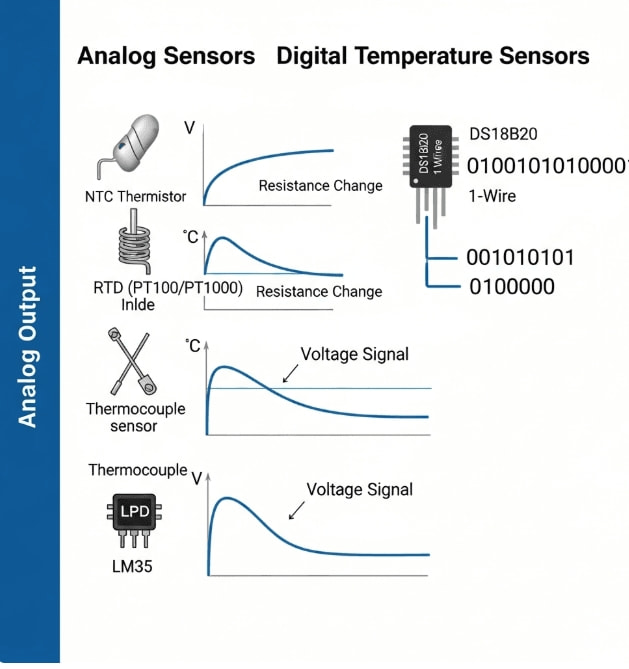 Analog vs digital probe temperature sensor infographic comparing signal output types, including NTC thermistor, RTD PT100/PT1000, DS18B20, and TMP117.
